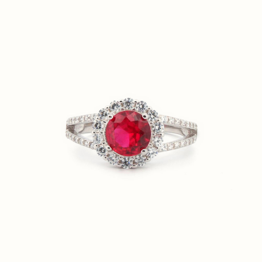 Sterling Silver Rhodium CZ Set Round Cluster Ruby Red Centre – ARN188R