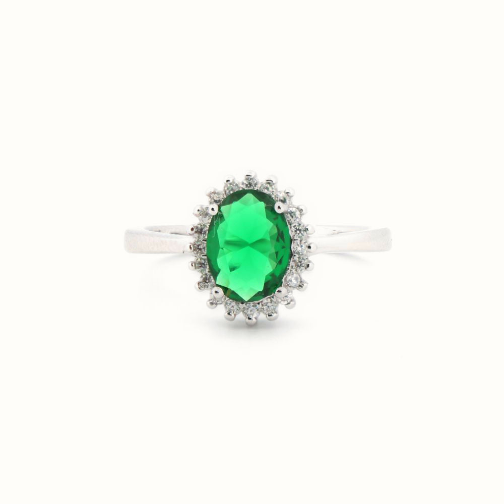 Sterling Silver Rhodium CZ Set Oval Cluster Emerald Green Centre – ARN189G