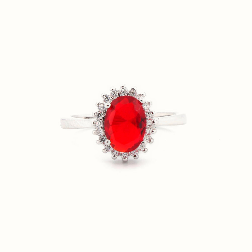 Sterling Silver Rhodium CZ Set Oval Cluster Ruby Red Centre – ARN189R