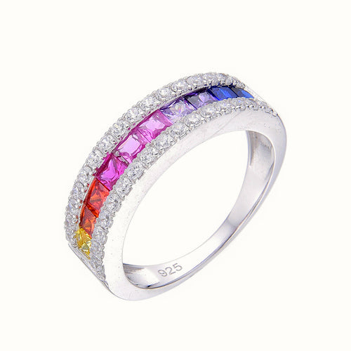 Sterling Silver Rhodium Plated Multi Col CZ Half Eternity Ring – ARN194