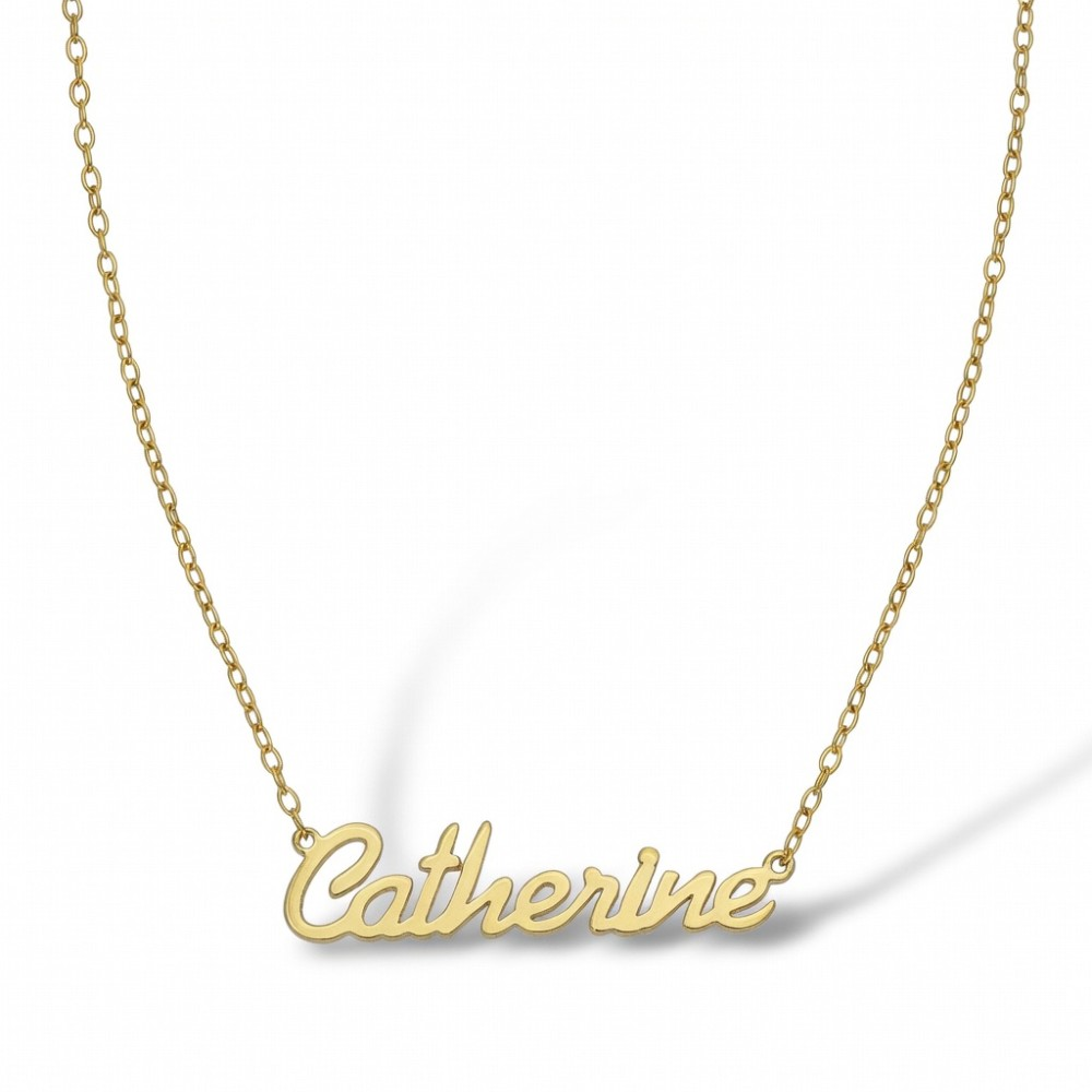 9ct yellow gold personalised nameplate necklace with 16-inch chain, showing Catherine as an example