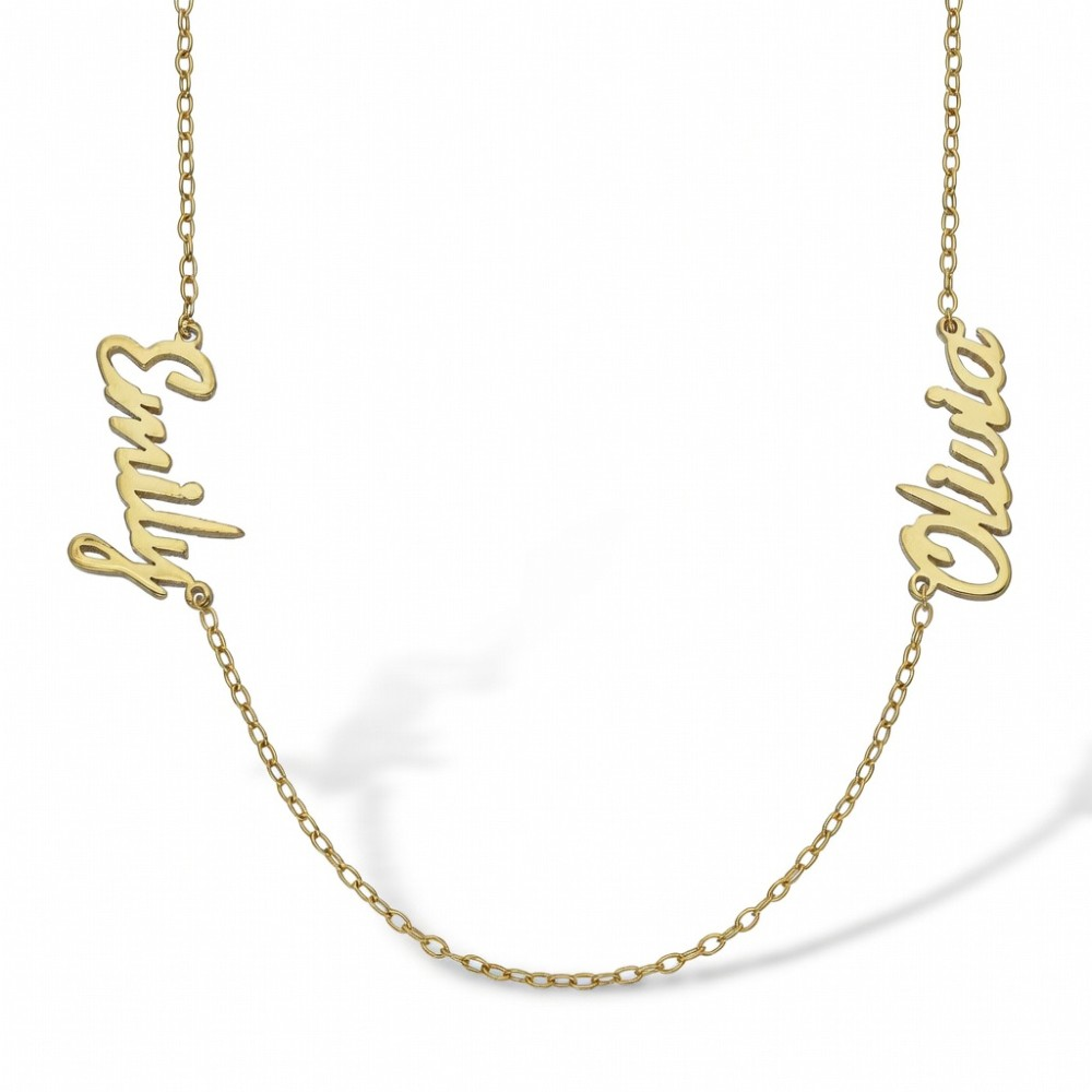 9ct yellow gold personalised necklace with two names and 16-inch chain, showing Emily and Olivia as examples