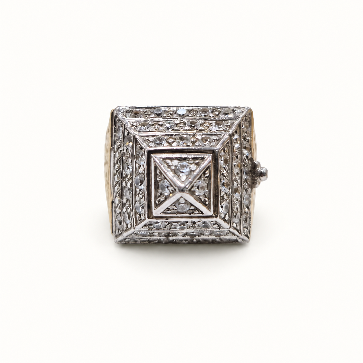 Men's 9ct gold ring, front view on ivory