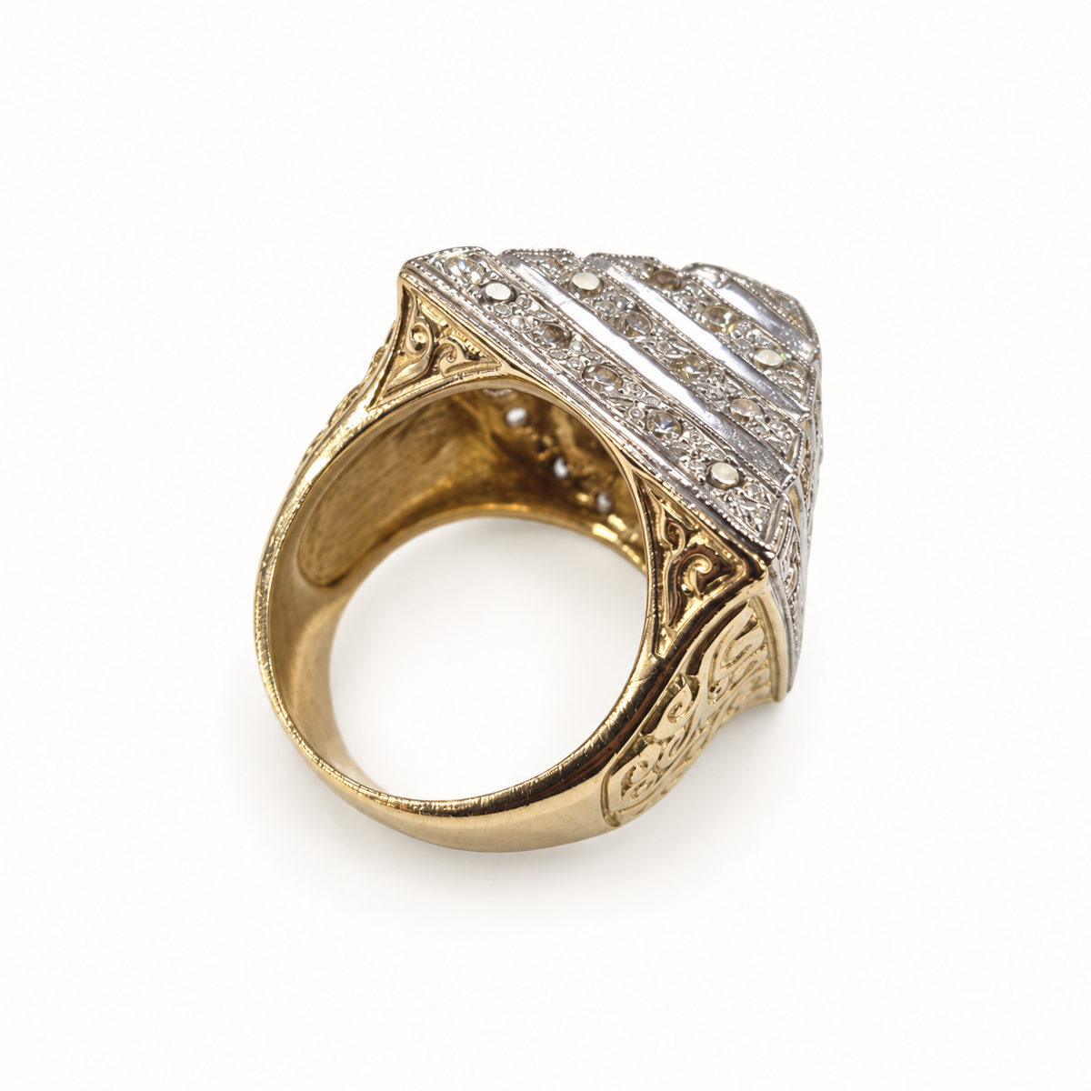9ct Gold Pyramid CZ Ring – 51.5g – rear view on ivory background