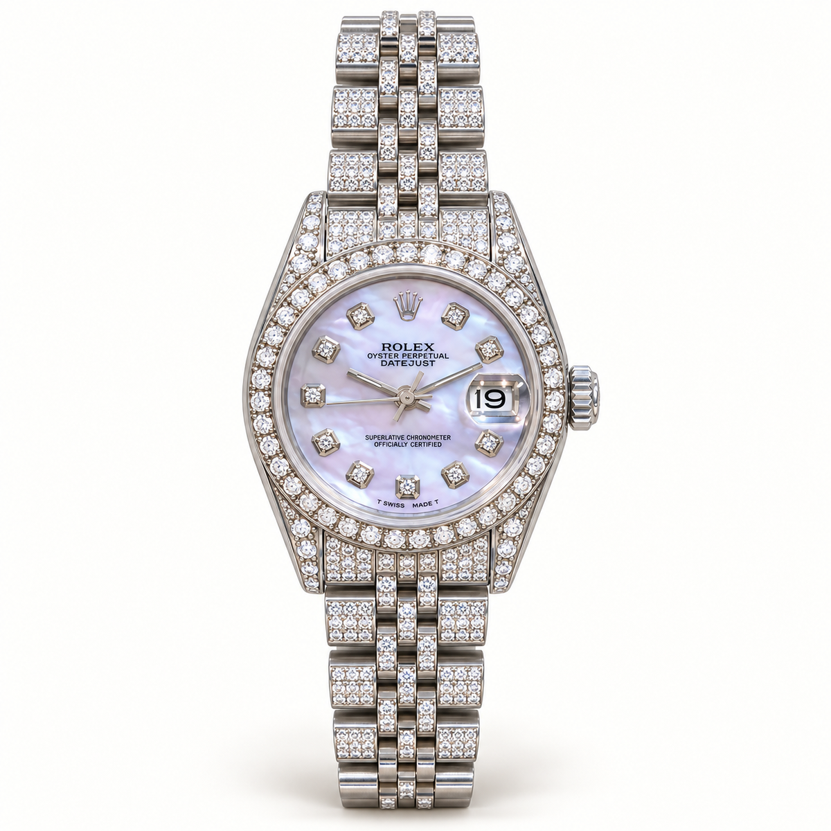 Rolex Datejust 69174 diamond watch on ivory studio background