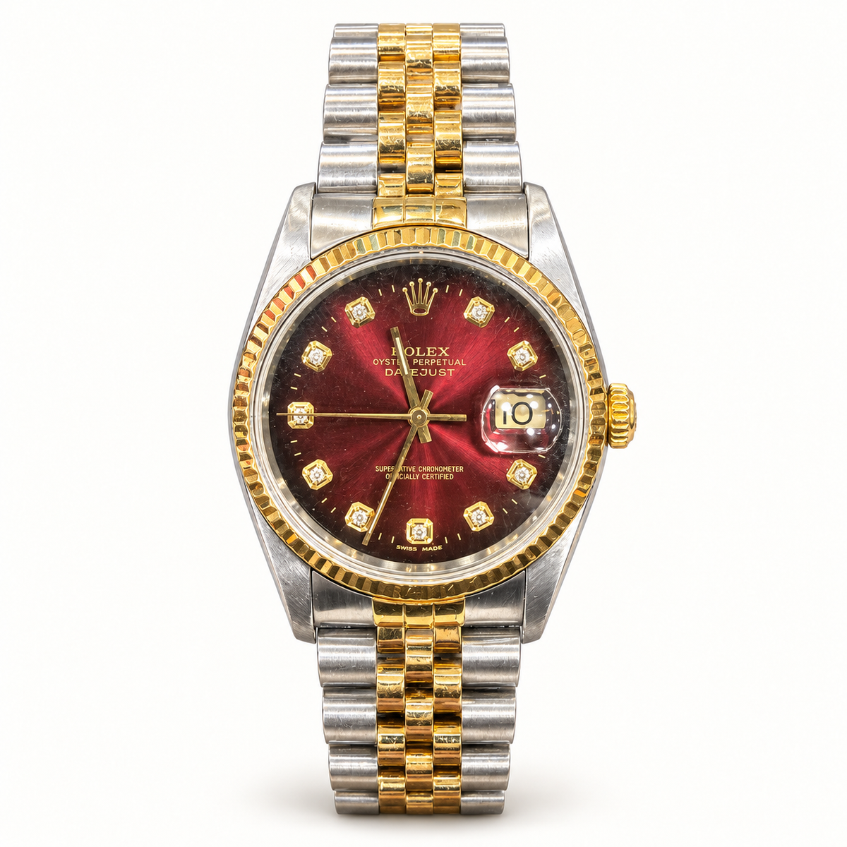 Pre-owned Rolex Datejust 16233 from 1992 with aftermarket burgundy dial and stone-set hour markers, steel and yellow gold Jubilee bracelet on ivory background