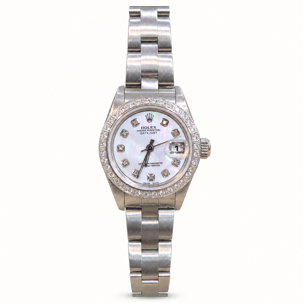 Rolex Datejust 79160 26mm steel Oyster watch with aftermarket diamond bezel and mother of pearl diamond dial