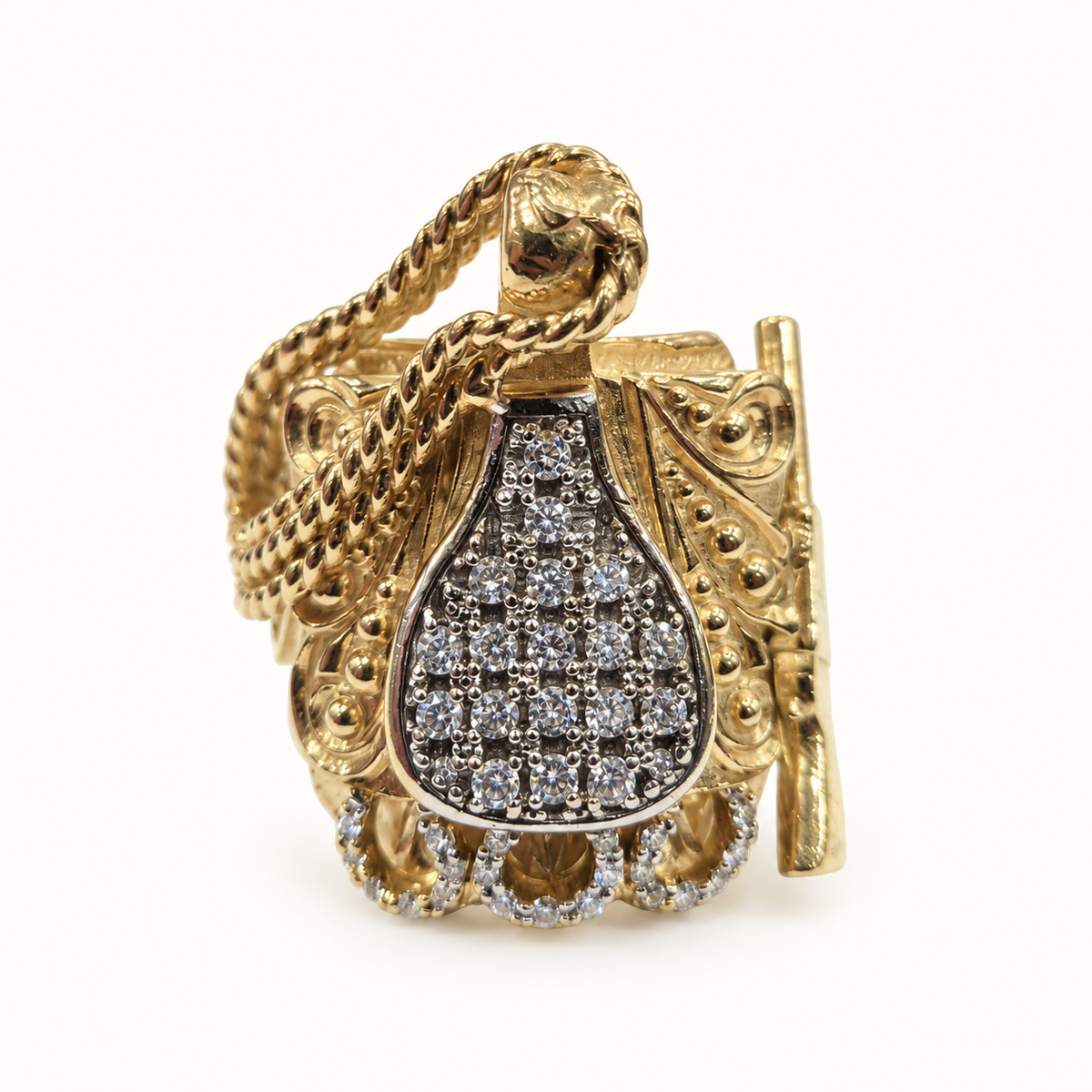 9ct Gold Saddle Rope CZ Ring – 90.1g – front view on ivory background
