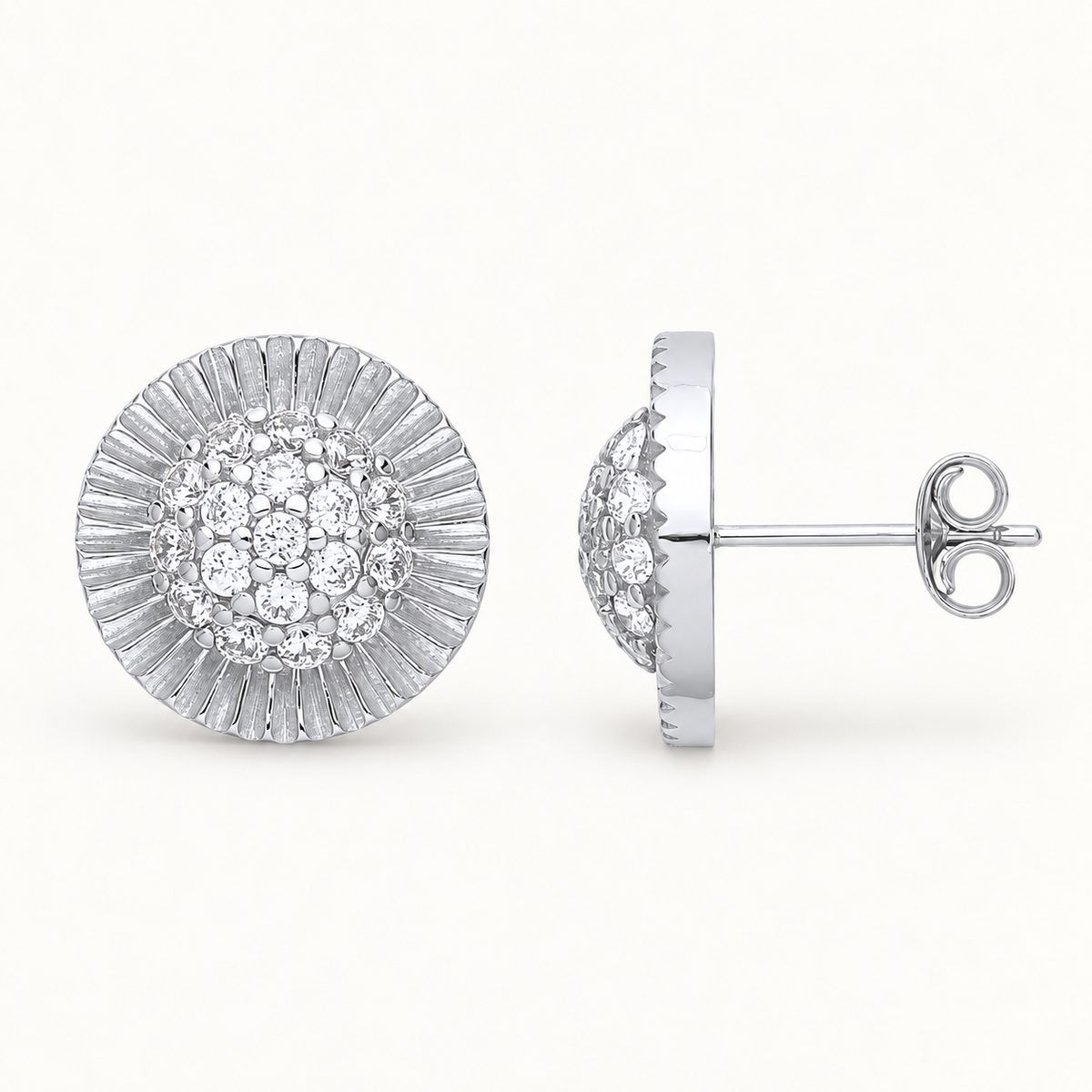 Silver CZ Presidential earrings on ivory background