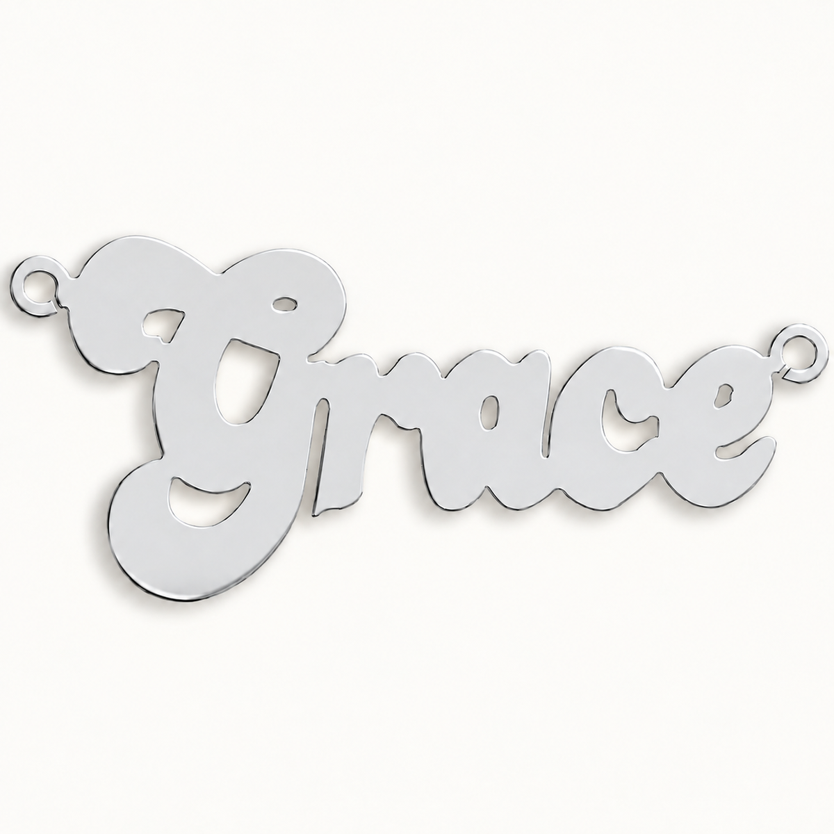 Sterling silver Large Banana Split Style personalised nameplate, example Grace, illustrative image on pale off-white background