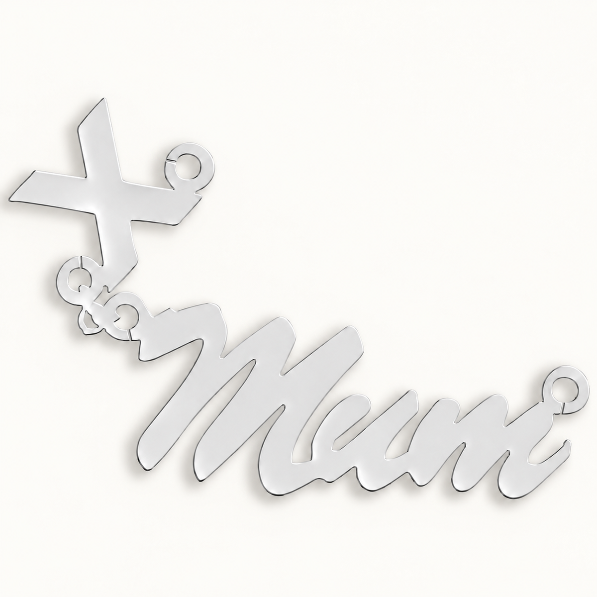 Sterling silver Script Floating Kiss personalised nameplate, example Mum, illustrative image on pale off-white background