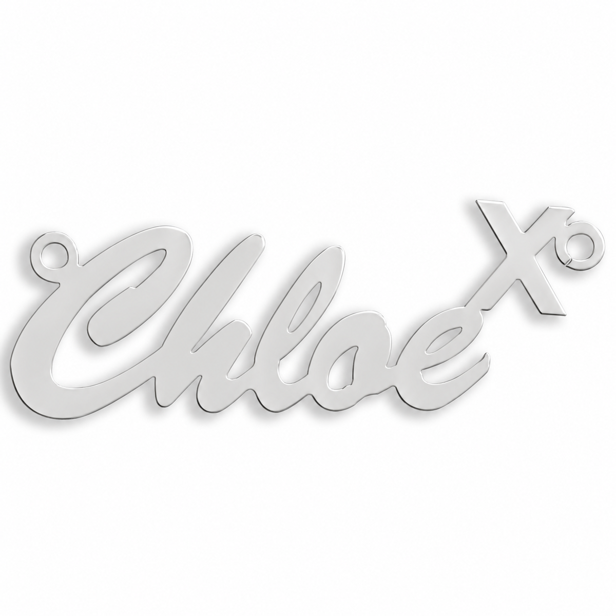 Sterling silver Script Kiss personalised nameplate, example Chloe, illustrative image
