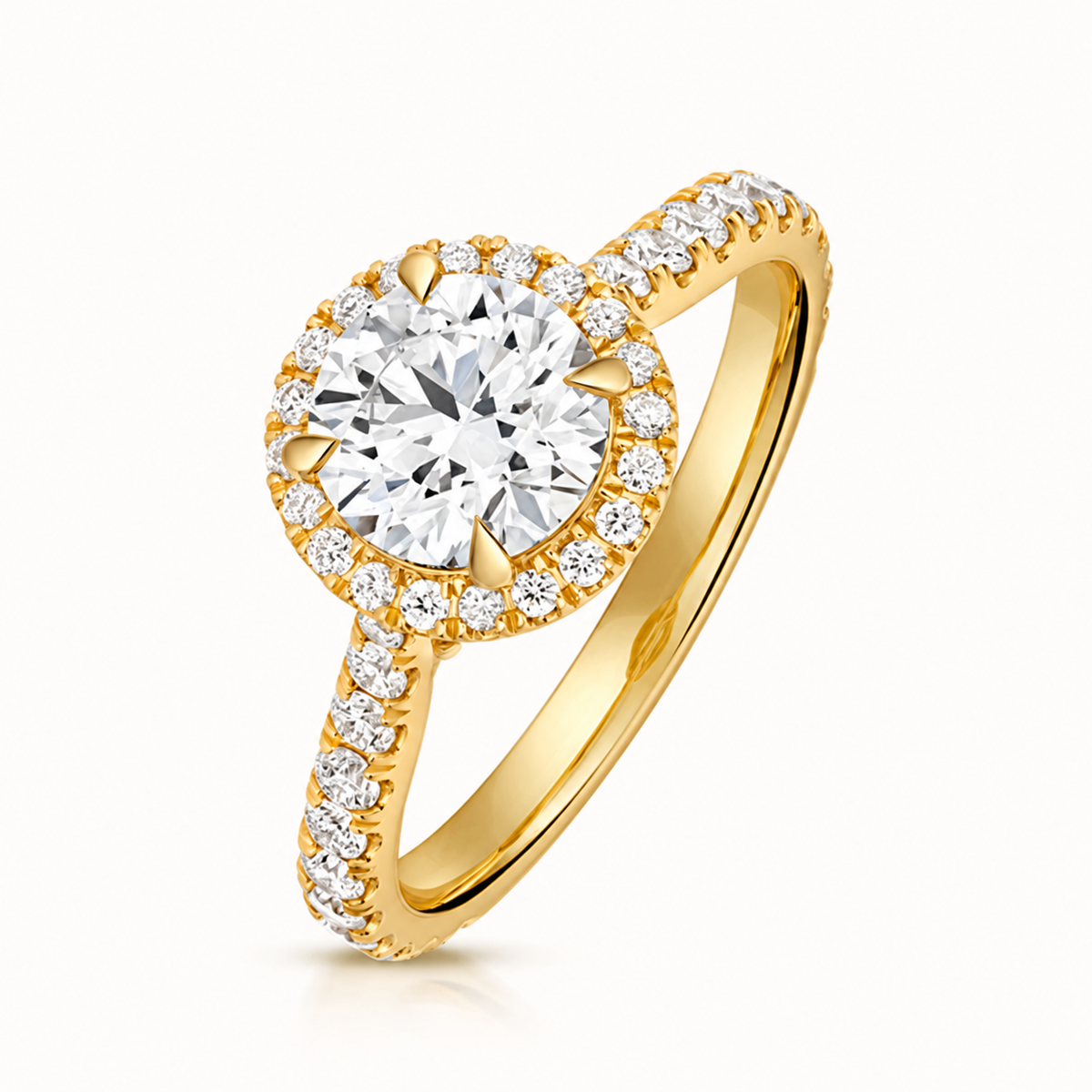 18ct yellow gold round halo lab diamond engagement ring front view