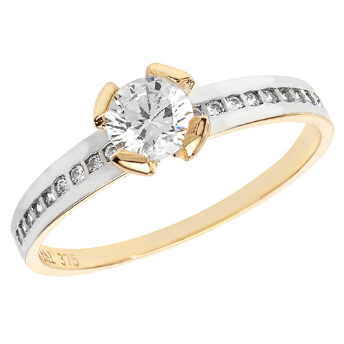 9ct Gold Solitaire Cz Channel Set Shoulders 2 Tone Ring - RN860