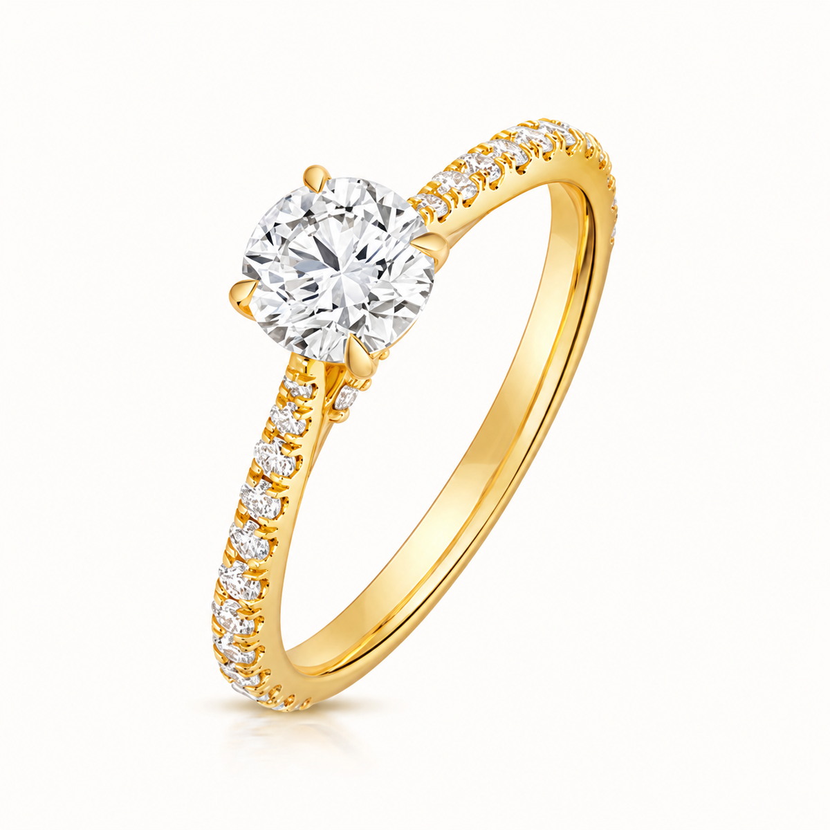 18ct Gold 0.75ct Round Lab Diamond Solitaire Engagement Ring with Diamond Shoulders yellow gold front view