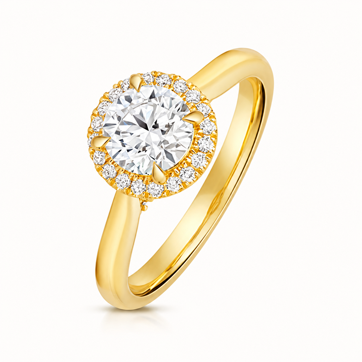 18ct Gold 1.00ct Round Lab Diamond Halo Engagement Ring yellow gold front view