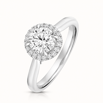 18ct Gold 1.00ct Round Lab Diamond Halo Engagement Ring white gold front view