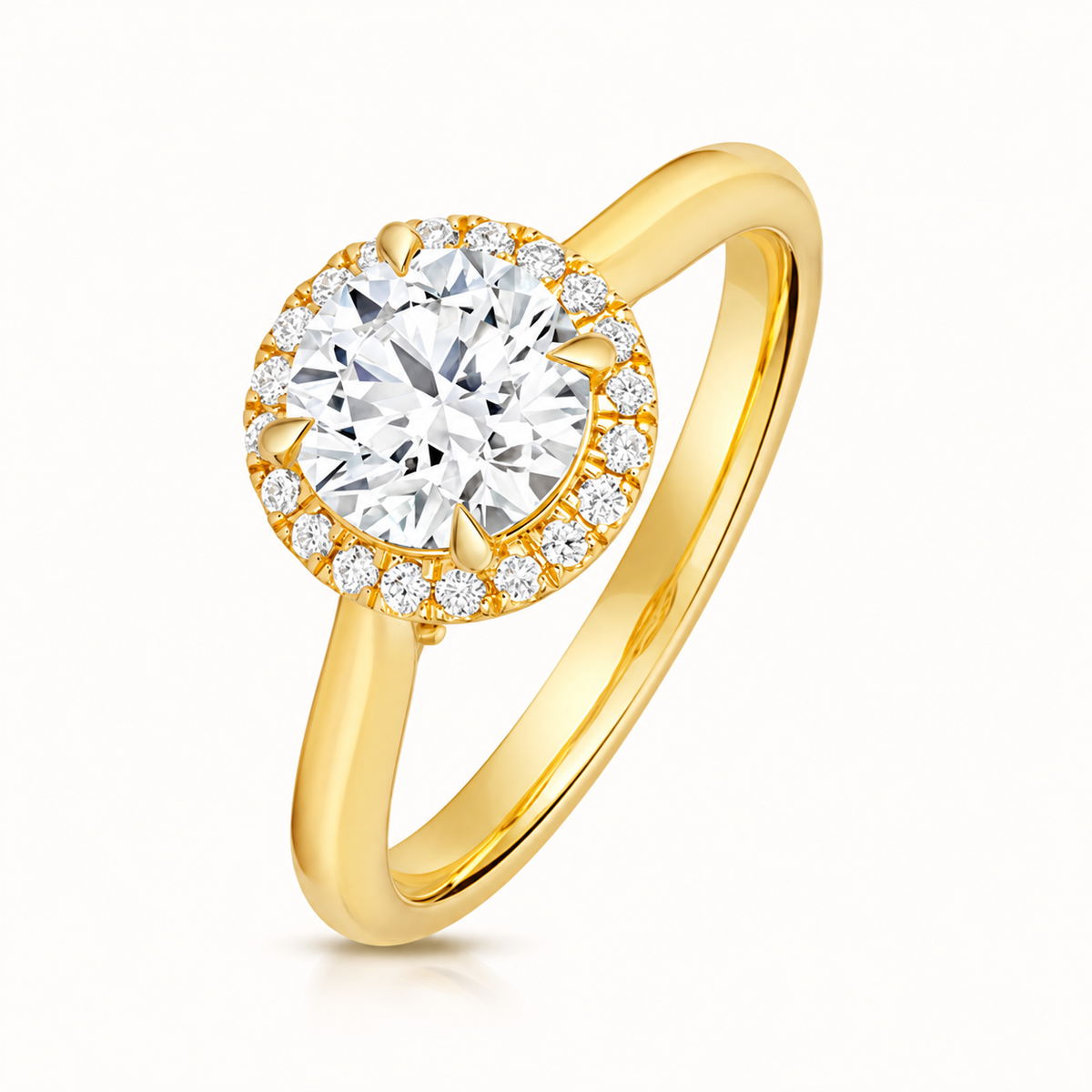 18ct Gold 1.25ct Round Lab Diamond Halo Engagement Ring yellow gold front view