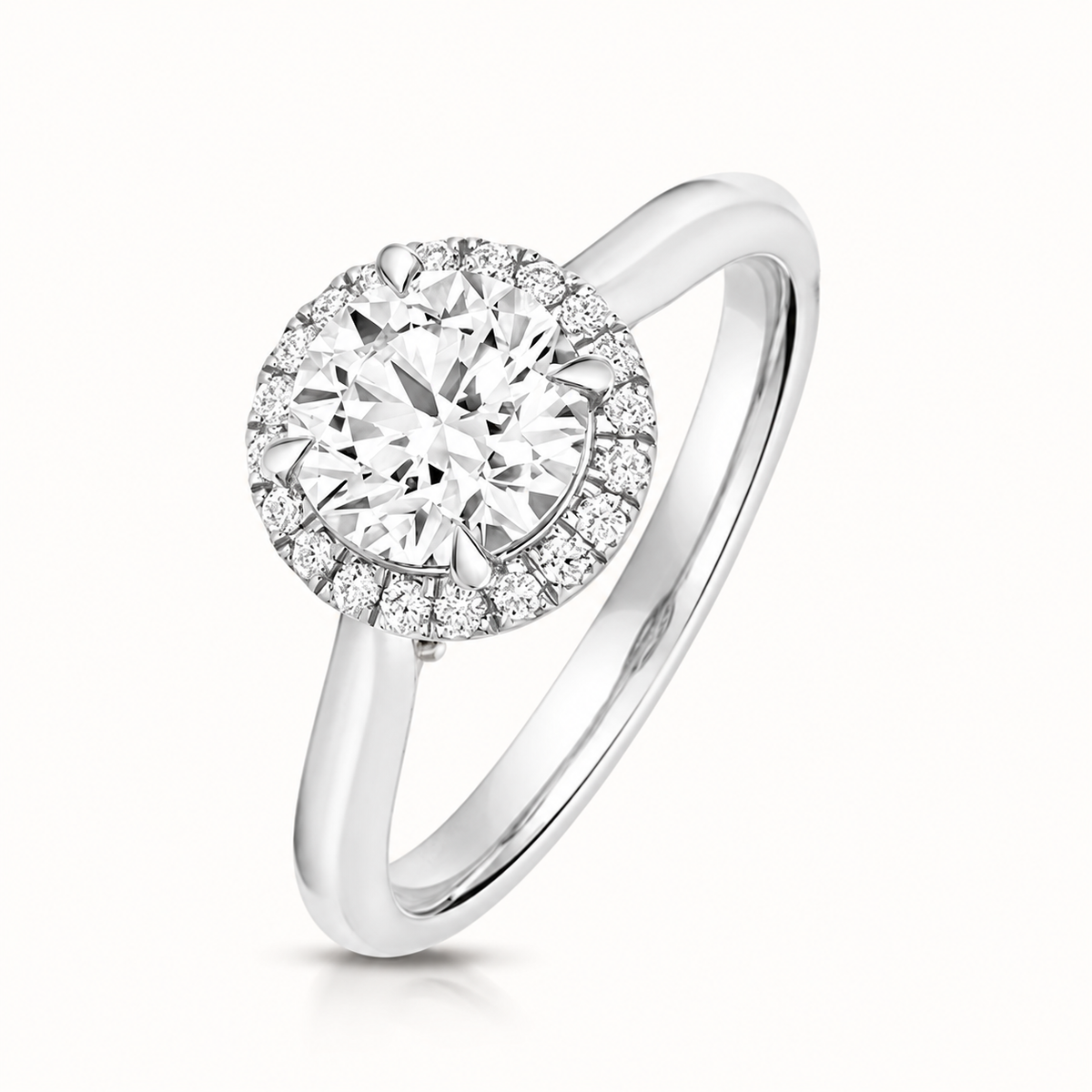 18ct Gold 1.25ct Round Lab Diamond Halo Engagement Ring white gold front view