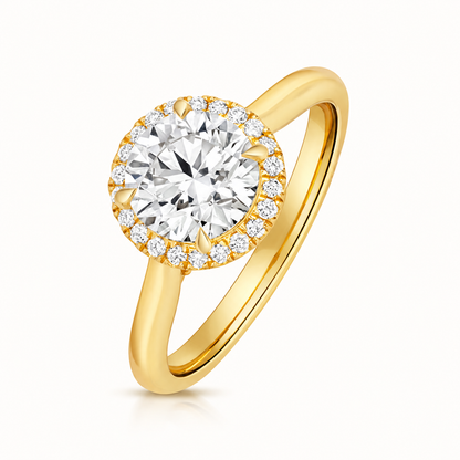 18ct Gold 1.50ct Round Lab Diamond Halo Engagement Ring yellow gold front view