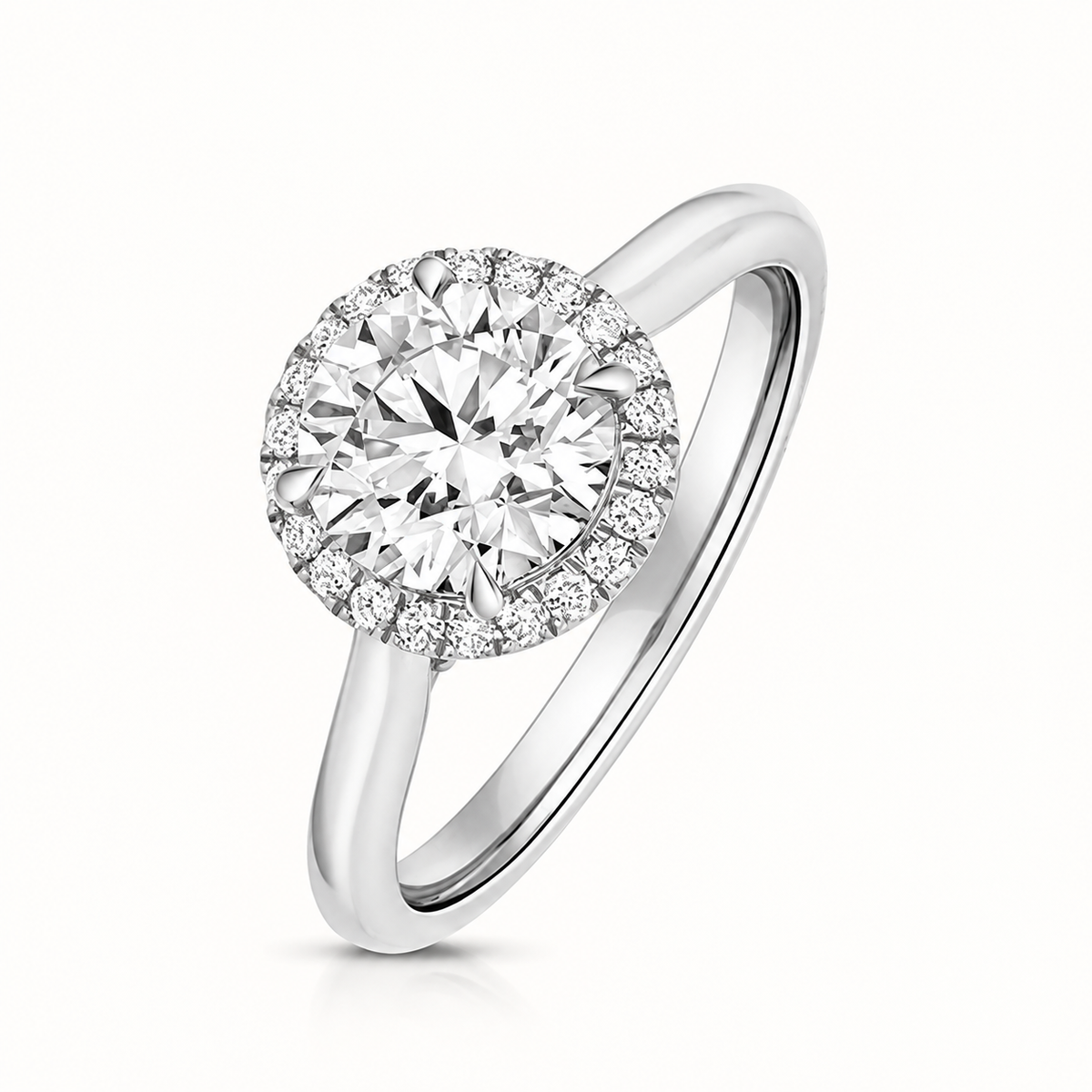18ct Gold 1.50ct Round Lab Diamond Halo Engagement Ring white gold front view