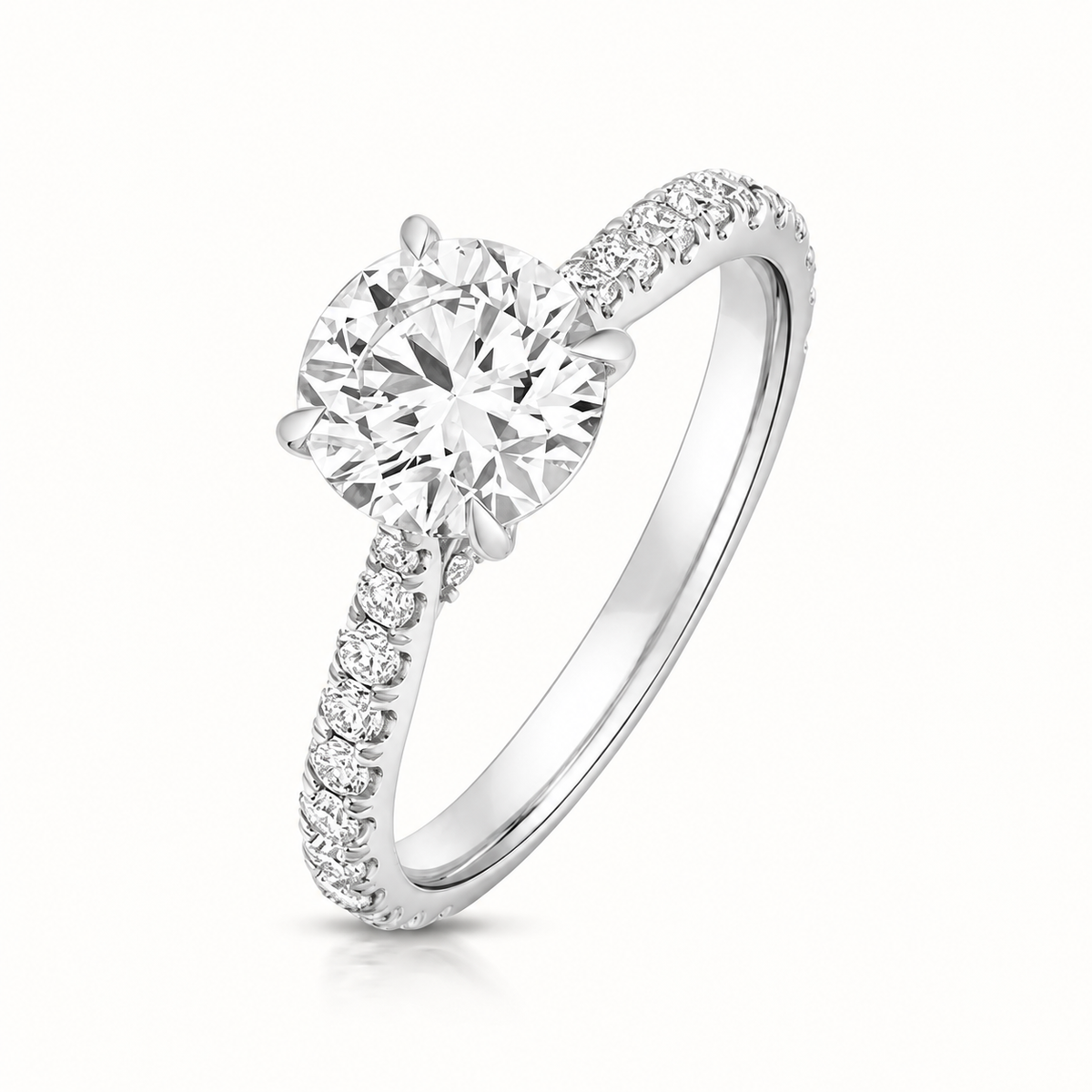 18ct Gold 1.50ct Round Lab Diamond Solitaire Engagement Ring with Diamond Shoulders white gold front view
