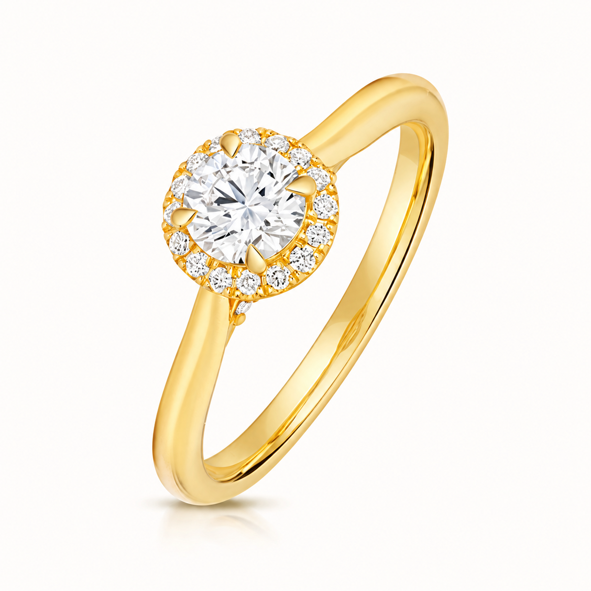 18ct Gold 0.50ct Round Lab Diamond Halo Engagement Ring yellow gold front view