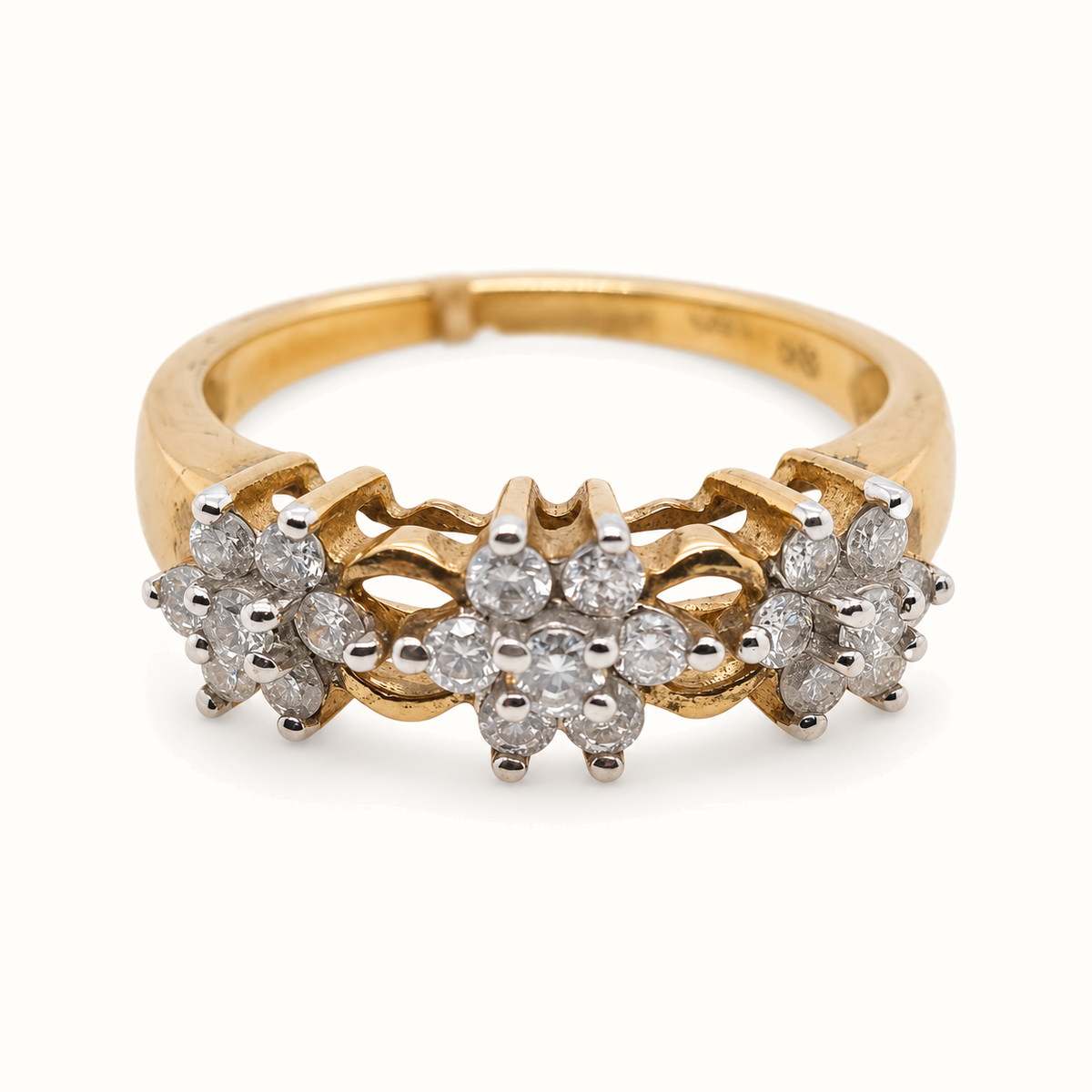 9ct Yellow Gold Diamond Ring with 0.30ct diamonds, size J, on an ivory background
