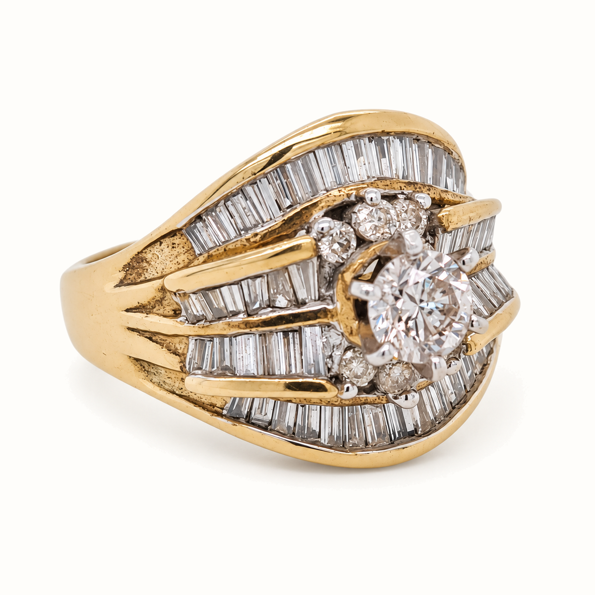 9ct Yellow Gold Engagement Diamond Ring with 1.59ct diamonds, size M, on an ivory background