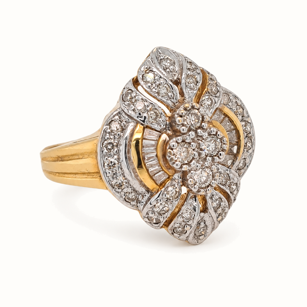 9ct Yellow Gold Diamond Ring with 0.50ct diamonds, size O, on an ivory background