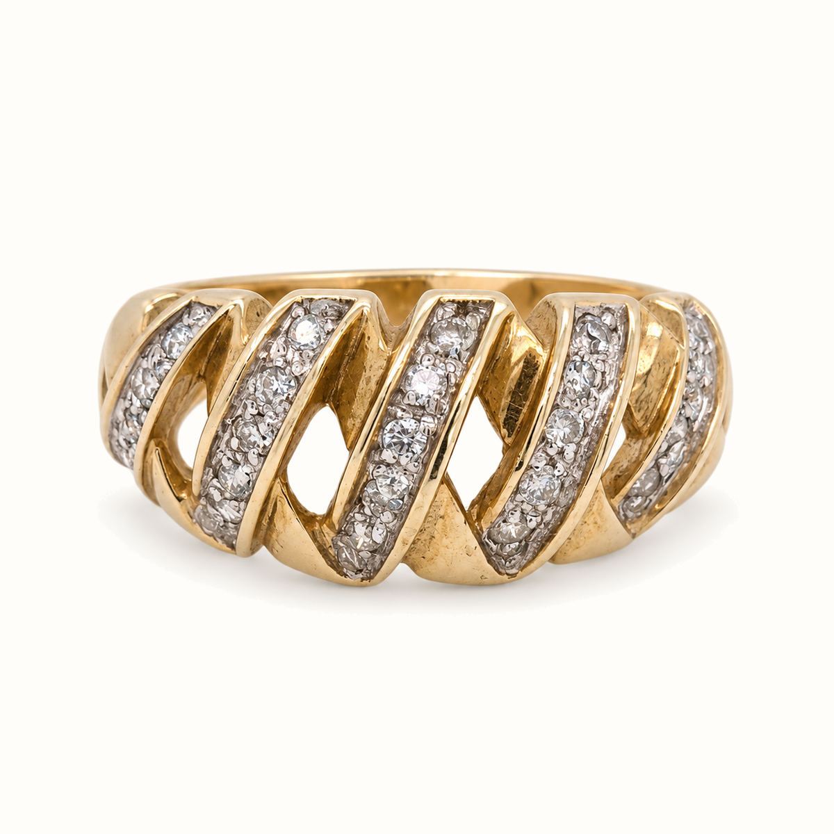 9ct Yellow Gold Diamond Ring with 0.35ct diamonds, size M 1/2, on an ivory background