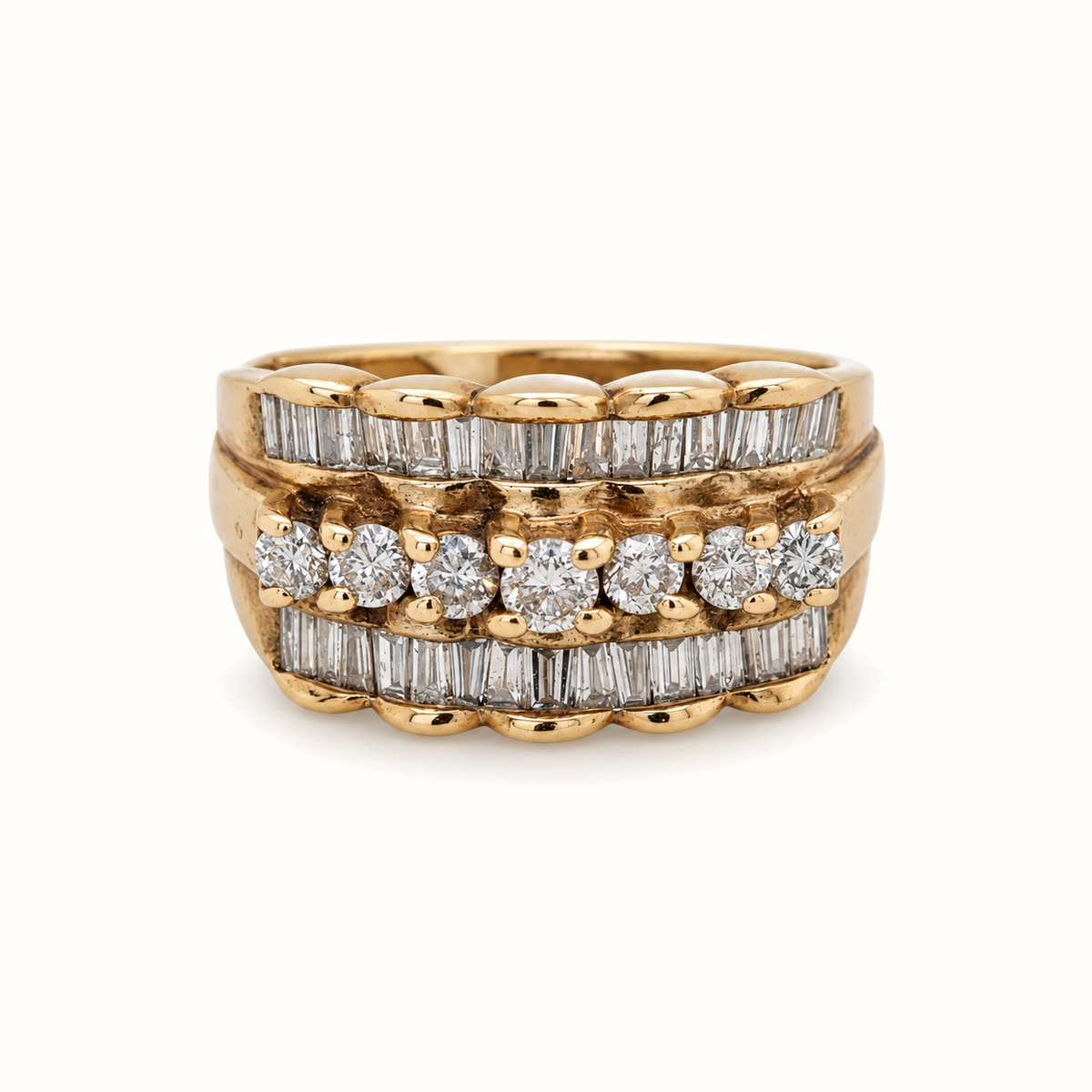 9ct Yellow Gold Diamond Ring with 1ct diamonds, size N 1/2, on an ivory background