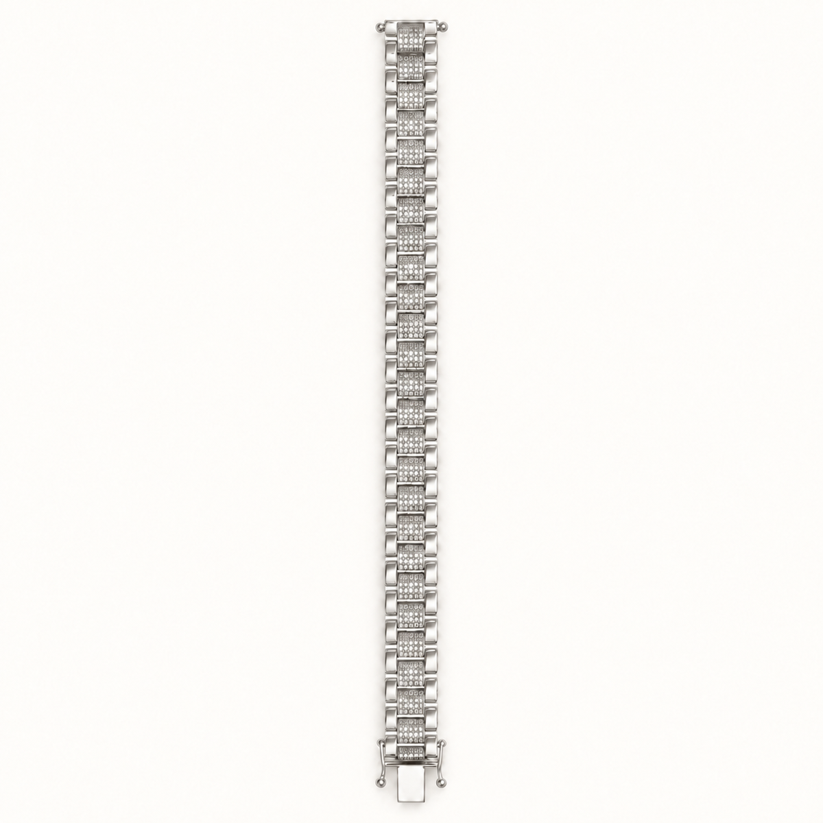 9ct white gold Presidential style bracelet with CZ stones, straight view on pale ivory