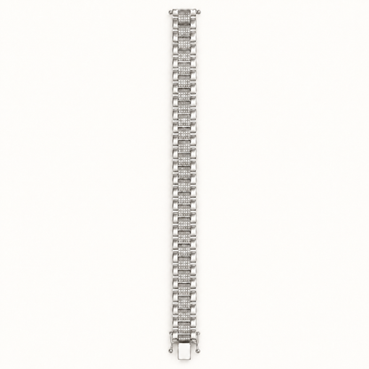 9ct white gold Presidential style bracelet with CZ stones, straight view on pale ivory