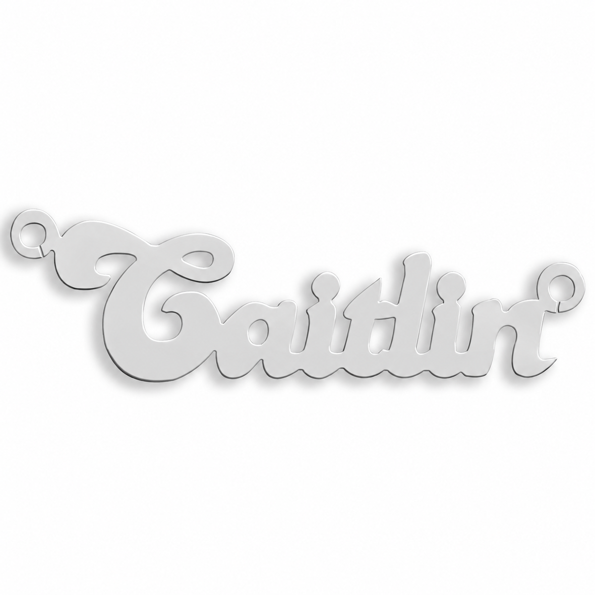 9ct white gold Small Banana Nameplate example with name the centrepiece. The Small Banana nameplate is personalised in 9ct yellow or white gold, with a loop at each end for a chain