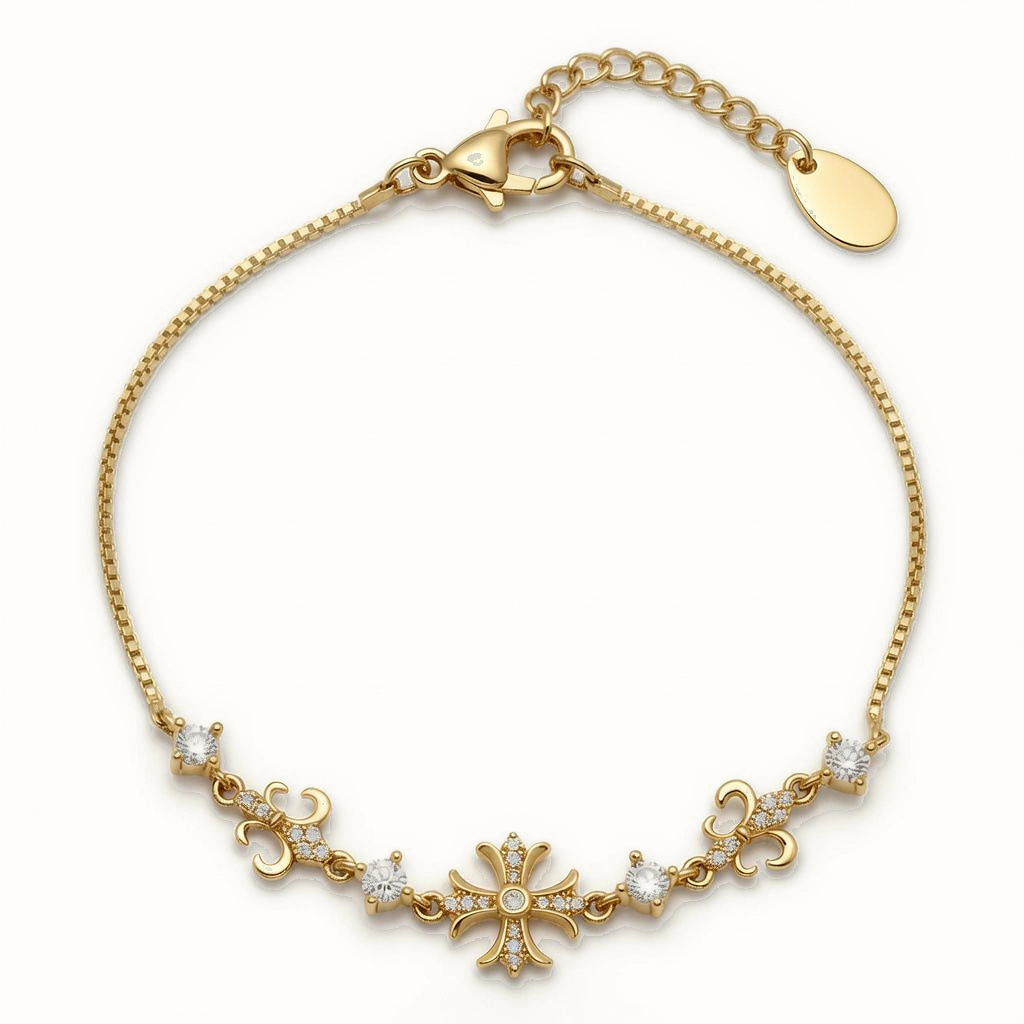 Gold Plated Sterling Silver CZ Fleur Cross Bracelet - ABB264-GP