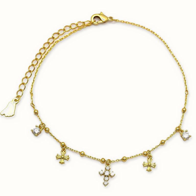Gold Plated Sterling Silver CZ Cross Charm Bracelet - ABB266-GP