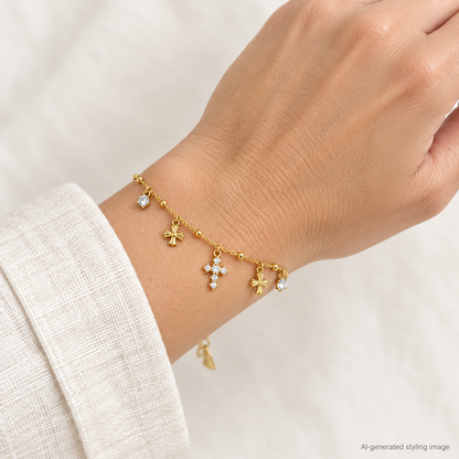 Gold Plated Sterling Silver CZ Cross Charm Bracelet – ABB266-GP worn on wrist — AI-generated styling image