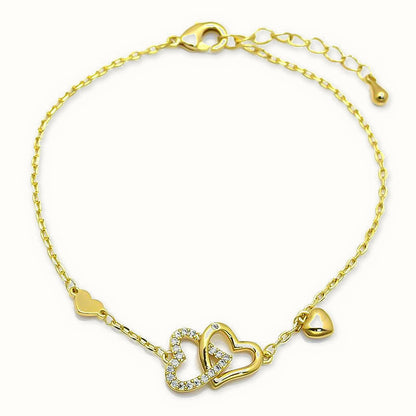Gold Plated Sterling Silver CZ Double Heart Bracelet - ABB269-GP