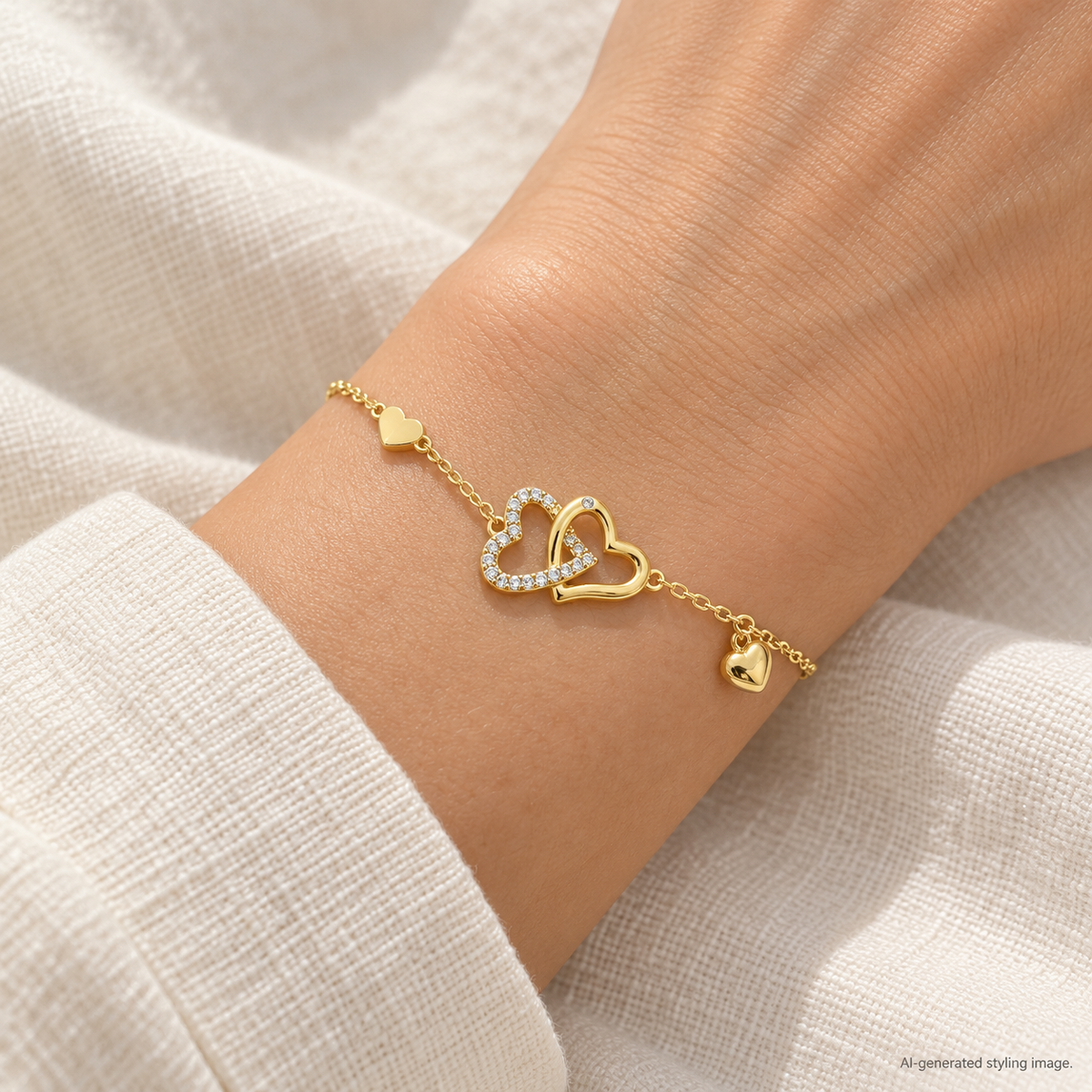 Gold Plated Sterling Silver CZ Double Heart Bracelet – ABB269-GP worn — AI-generated styling image