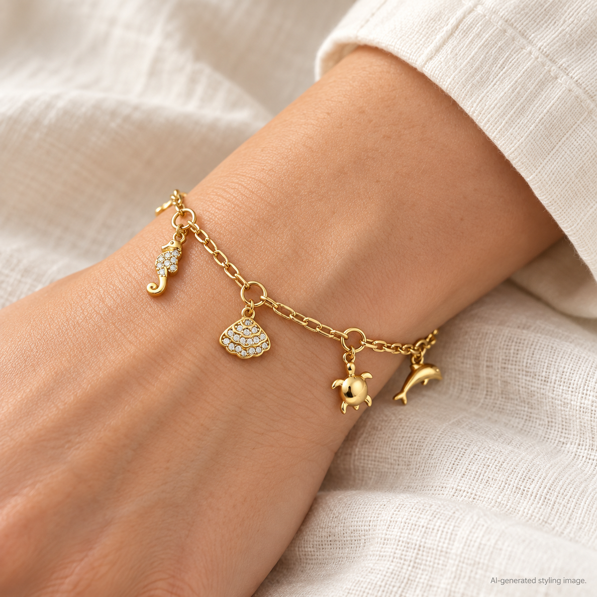 Gold Plated Sterling Silver CZ Sea Life Charm Bracelet – ABB270-GP worn — AI-generated styling image
