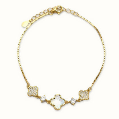 Gold Plated Sterling Silver Mother Of Pearl Clover Bracelet - ABB271-GP