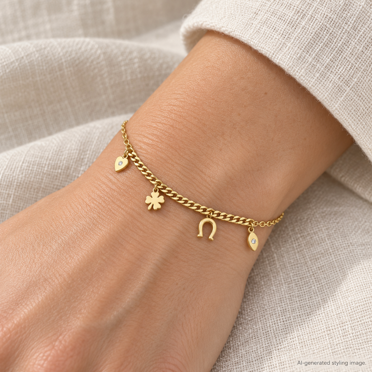 Gold Plated Sterling Silver Clover Horseshoe Charm Bracelet – ABB272-GP worn — AI-generated styling image