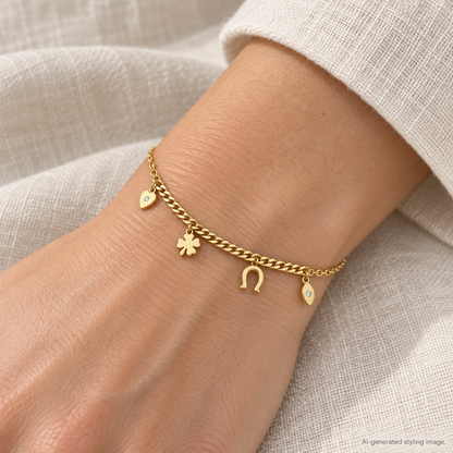 Gold Plated Sterling Silver Clover Horseshoe Charm Bracelet – ABB272-GP worn — AI-generated styling image