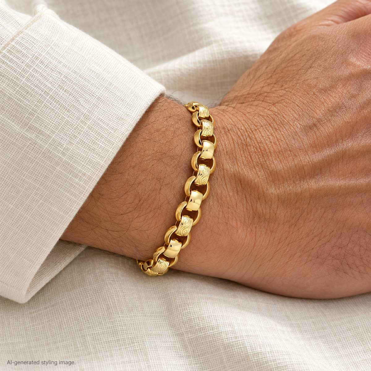 Gold Plated Sterling Silver Plain & Patterned Cast Belcher Bracelet – ACN002K-GP-9 worn — AI-generated styling image