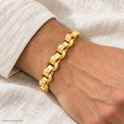 Gold Plated Sterling Silver Cast Patterned & Plain Belcher Bracelet – ACN002L-GP-9 worn — AI-generated styling image