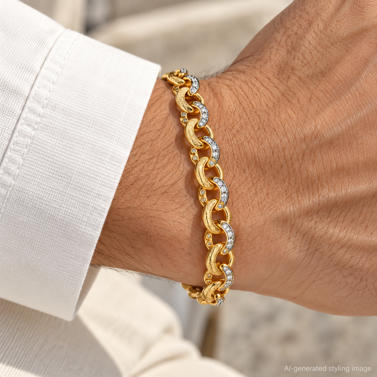 AI-generated styling image of Gold Plated Sterling Silver CZ Set And Patterned Belcher Bracelet – ACN024B-GP-8.5 worn on a model