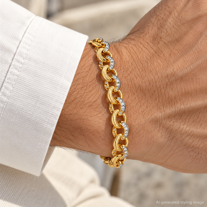 AI-generated styling image of Gold Plated Sterling Silver CZ Set And Patterned Belcher Bracelet – ACN024B-GP-8.5 worn on a model