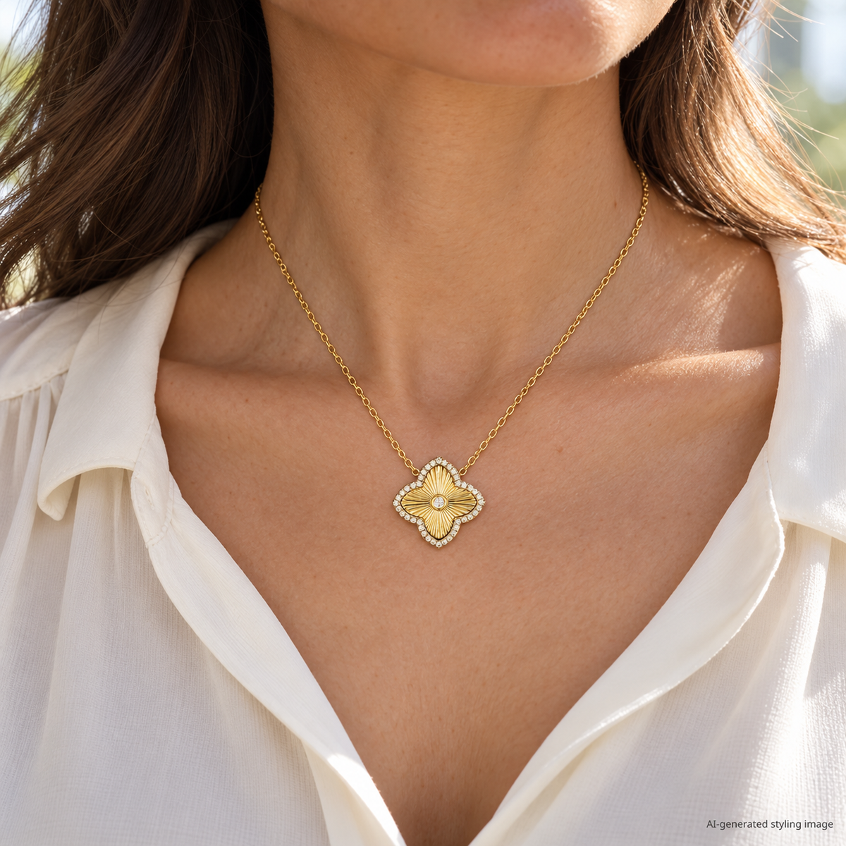 AI-generated styling image of Gold Plated Sterling Silver CZ Set Clover Pendant – ANC077 worn on a model