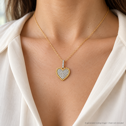 AI-generated styling image; chain not included. Gold Plated Sterling Silver CZ Set Heart Pendant – APD227
